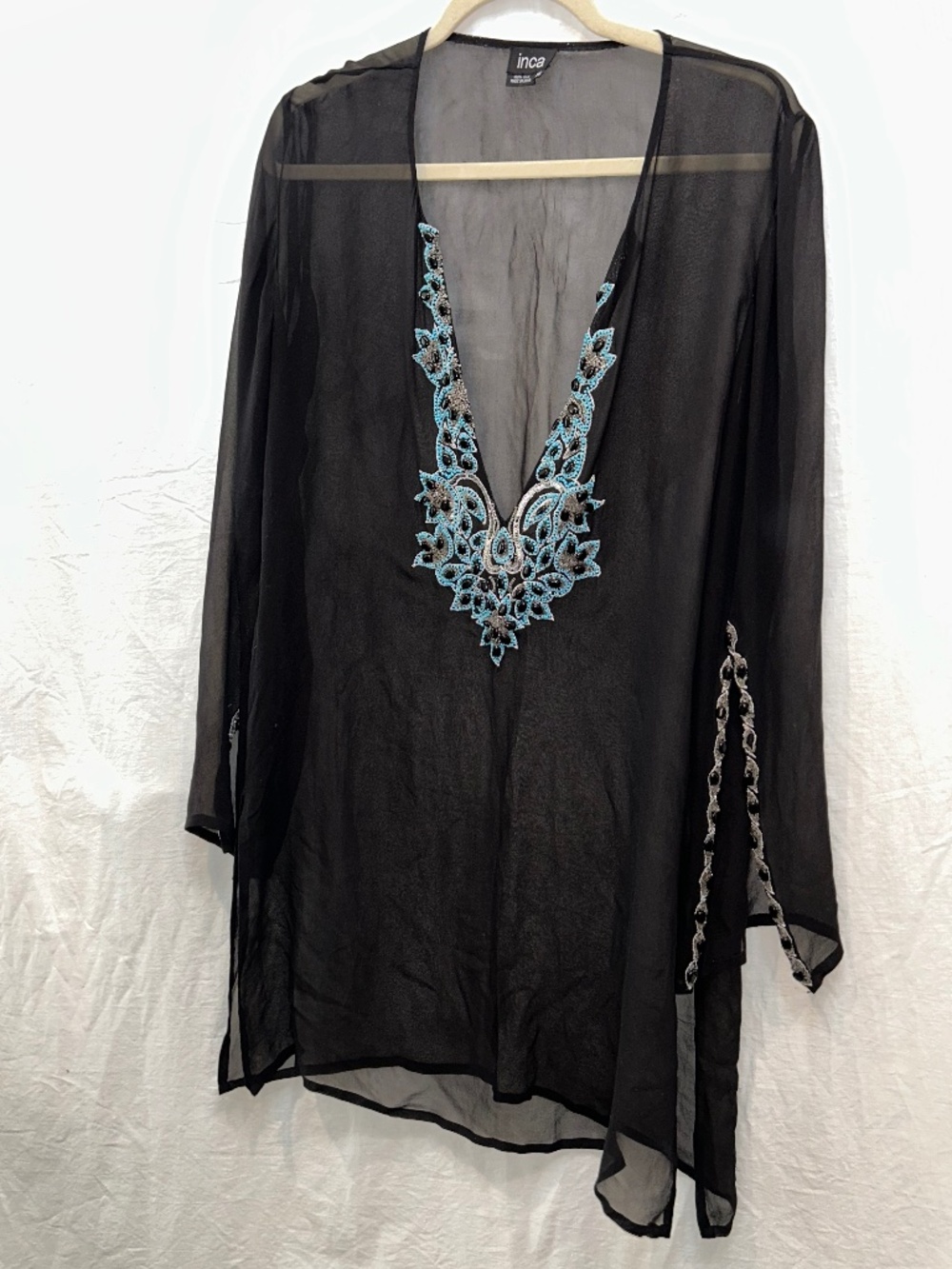 Inca 100% silk turquoise heavily beaded semi sheer tunic cover up top M
